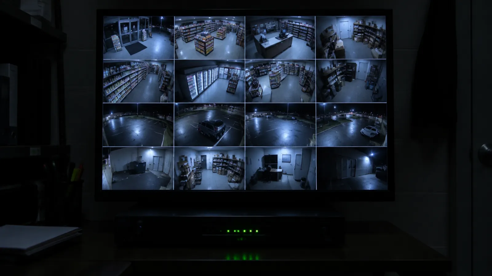 Security camera feeds on a monitor in a store back office