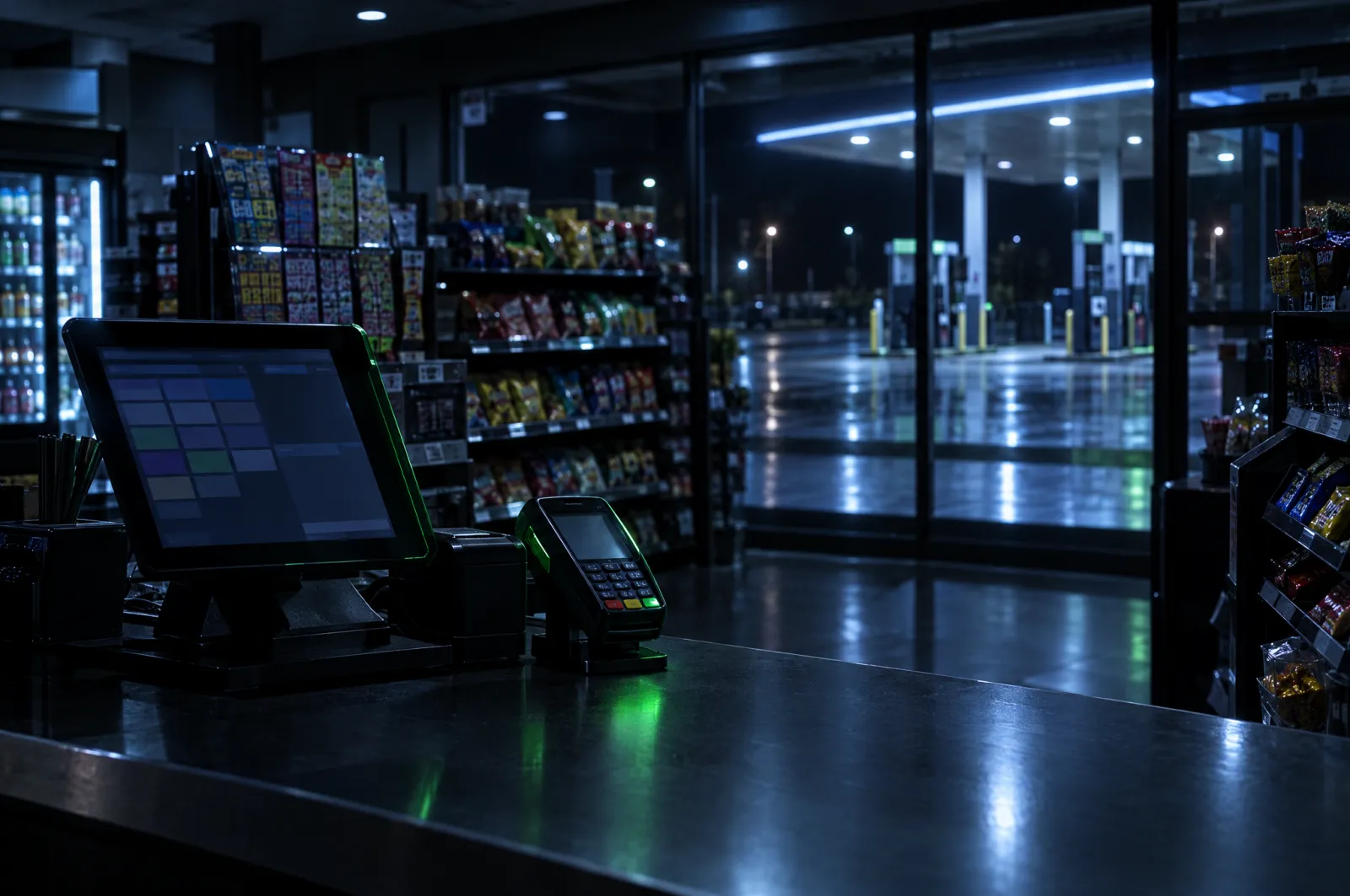 Touchscreen POS register and card terminal on a convenience store counter, fuel pumps visible outside