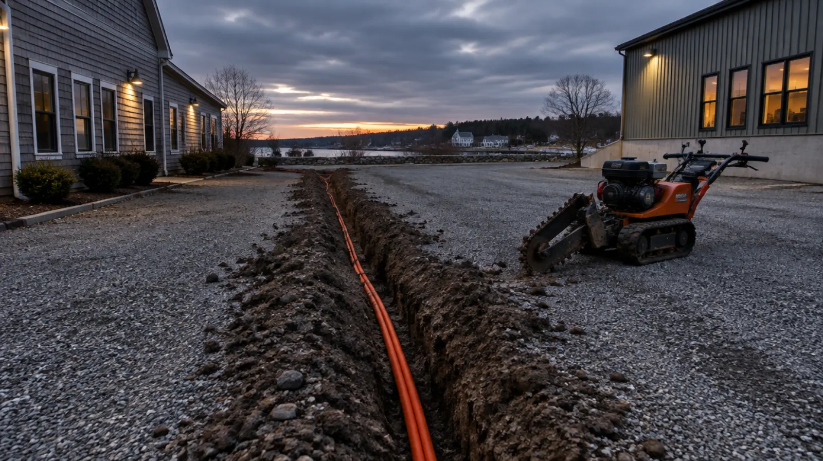 Conduit trench cut across a gravel lot
