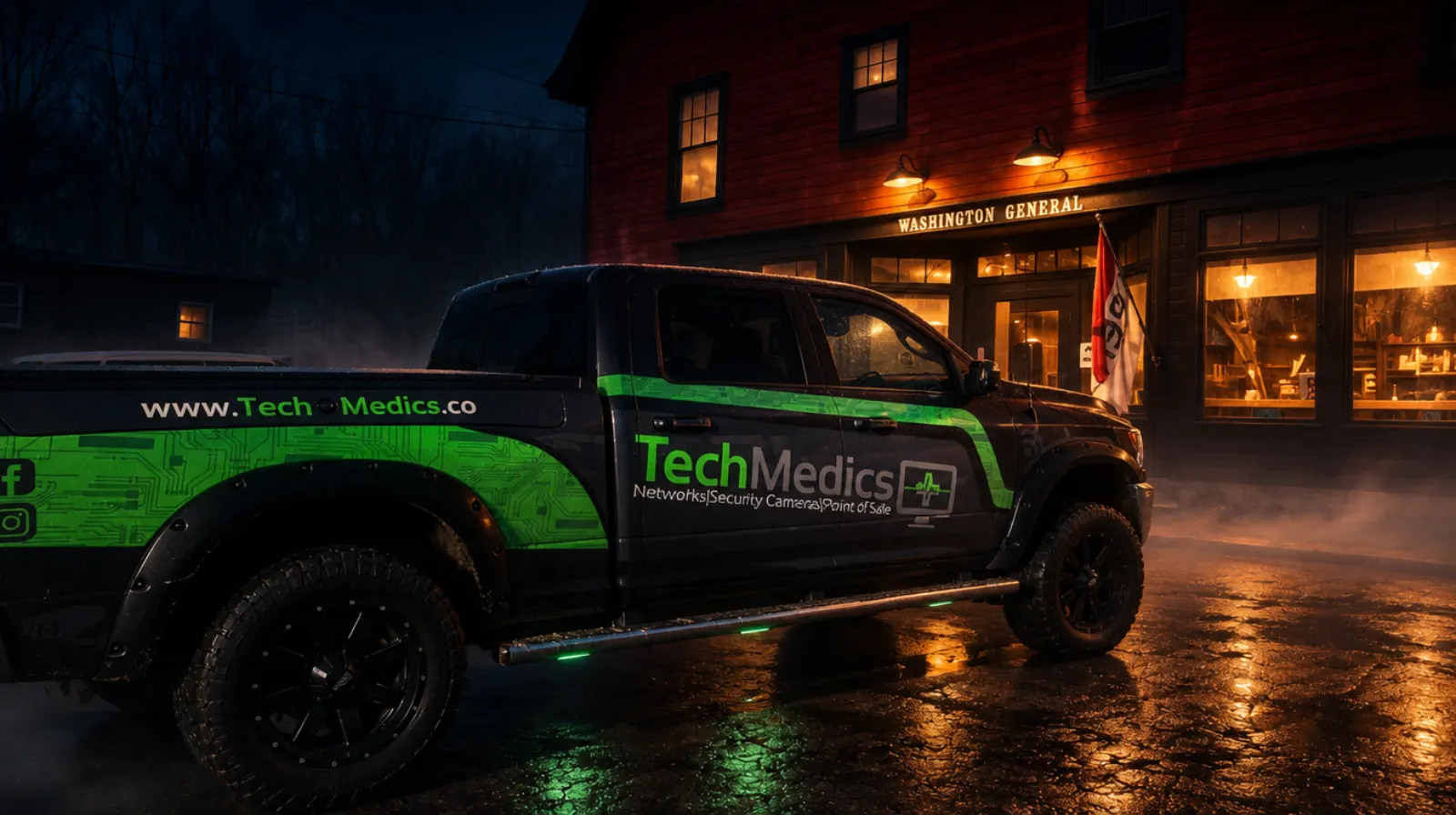 Tech Medics truck outside a client's store at night